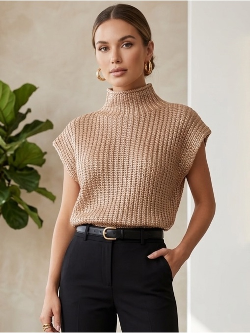 SHE + SKY Metallic Champagne High Neck Knit Vest Sweater M